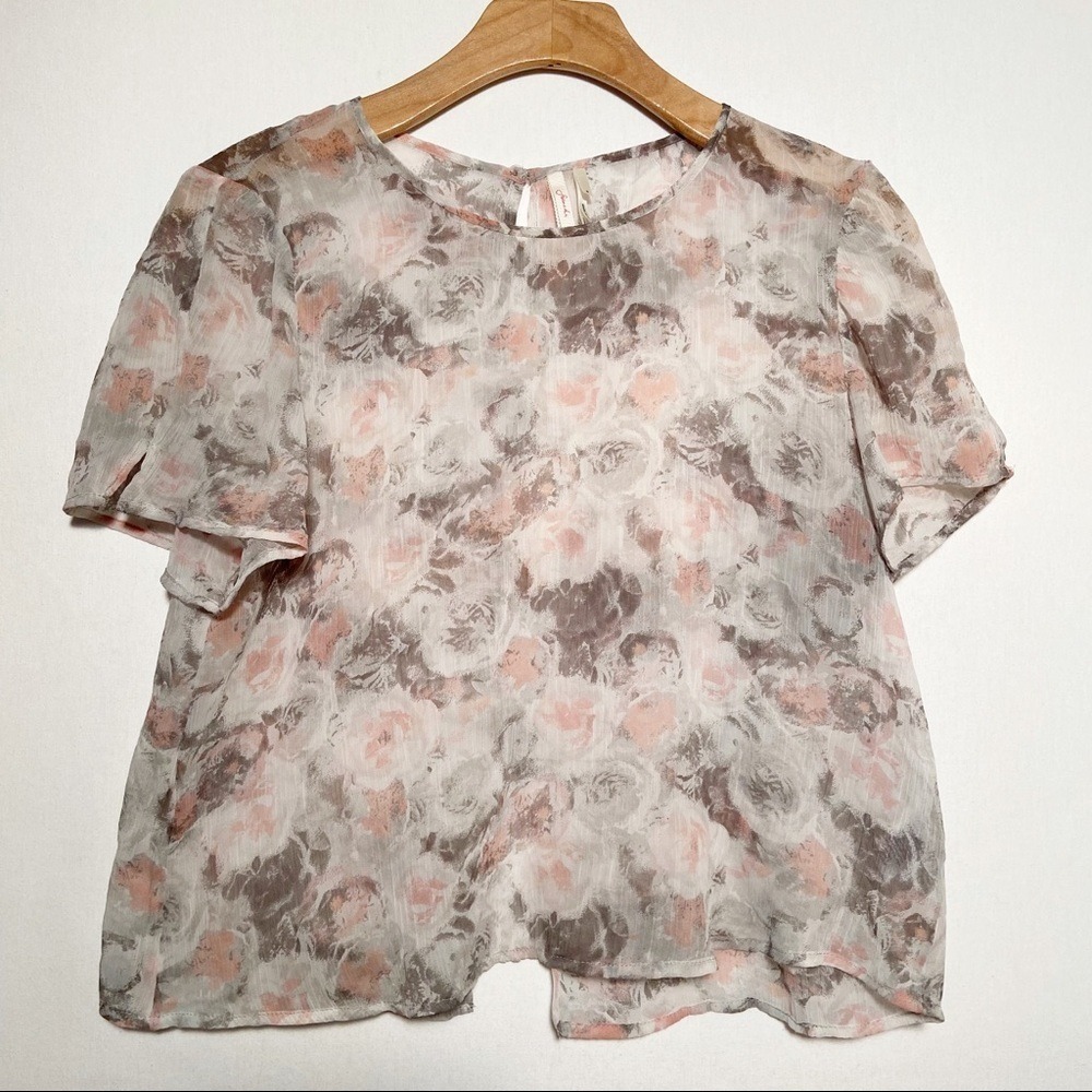 Frenchi Blouse Womens Size Medium Pink Grey Floral Rose Sheer Short Sleeve Top